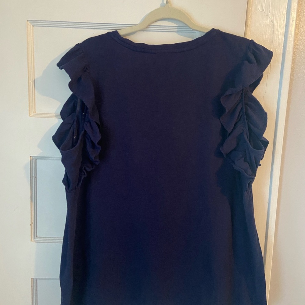 Crown & Ivy Women’s Sleeveless Ruffle Trim T-shirt XXL Navy Blue nearly new - Picture 3 of 9